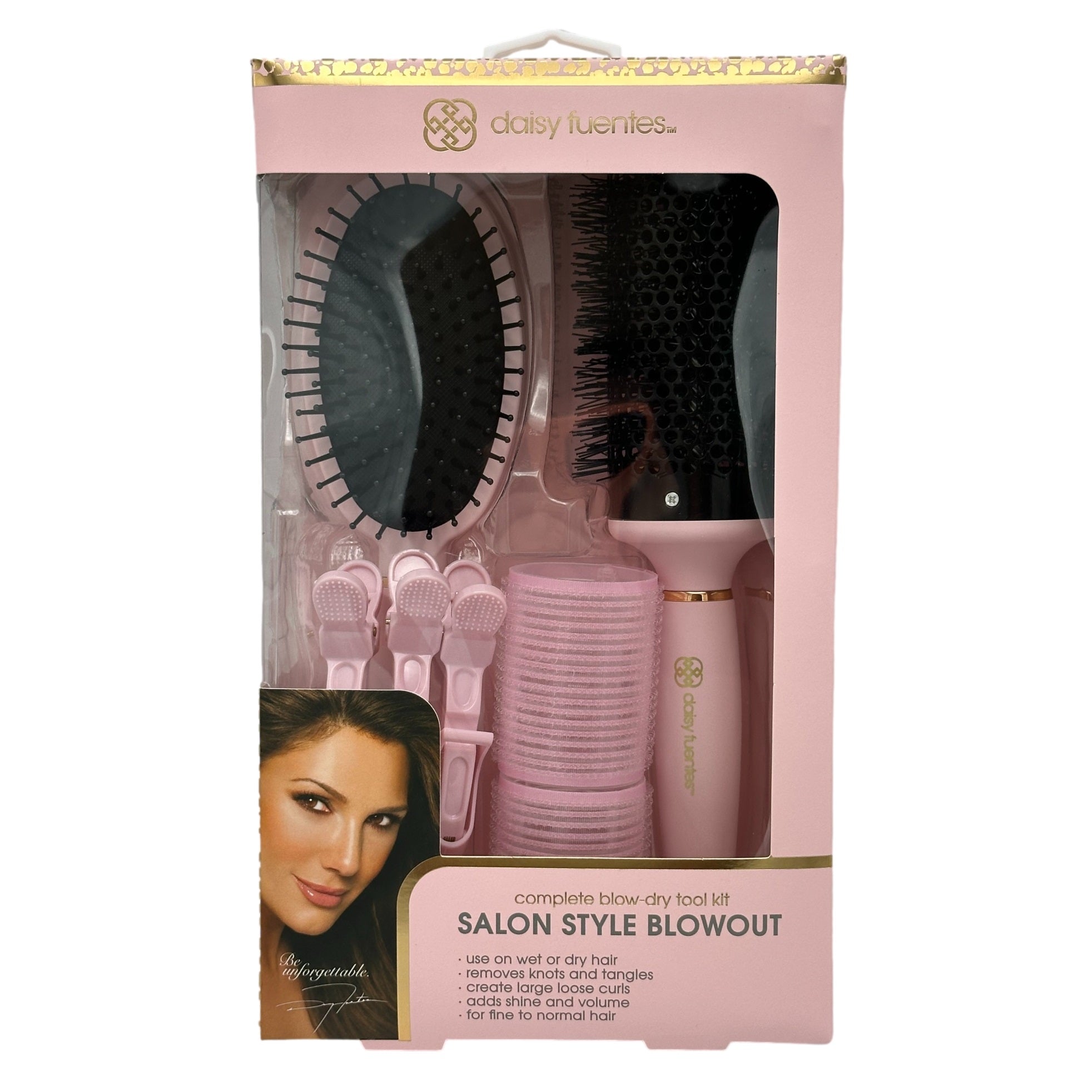 Hair styling tools in pink packaging with model.